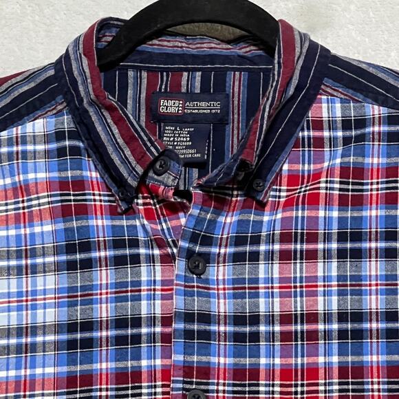 Vintage Y2K Faded‎ Glory Plaid Striped Shirt Mens Large 100% Cotton Button Down - Picture 1 of 9